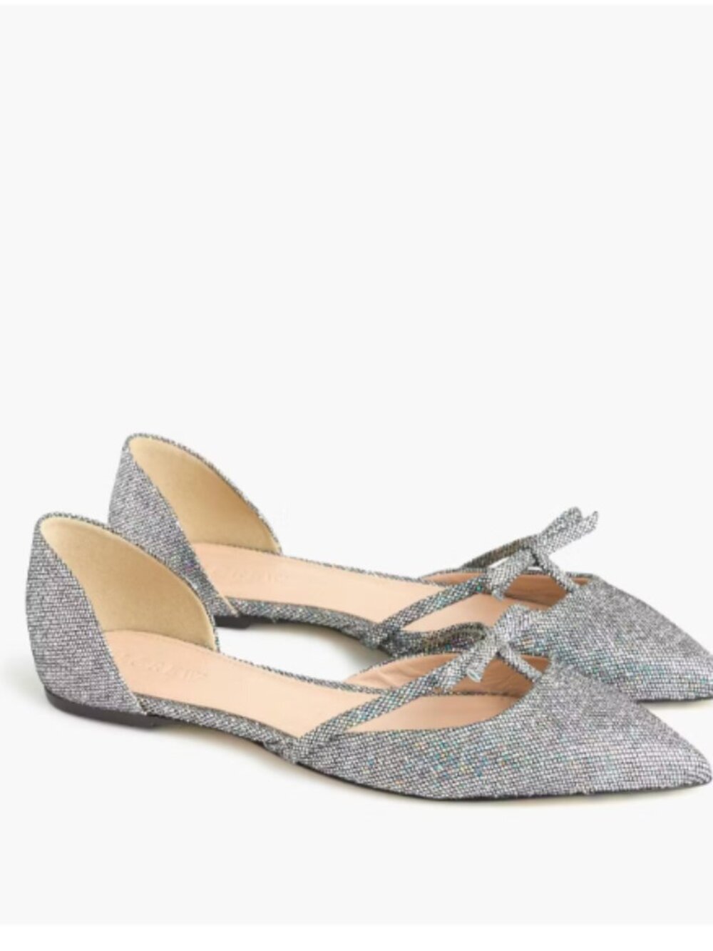 J. Crew Sparkling Silver Pointed Sloan Glitter D'Orsay Flats with Bow Accent, 8